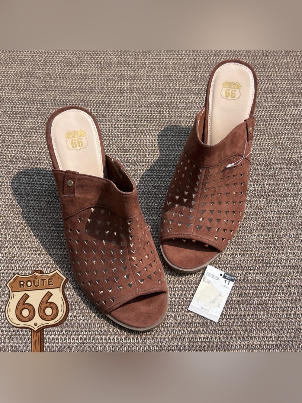 Route 66 Y2K Toasted Cinnamon Perforated Suede Open-Toe Slide Mules Comfort Boho